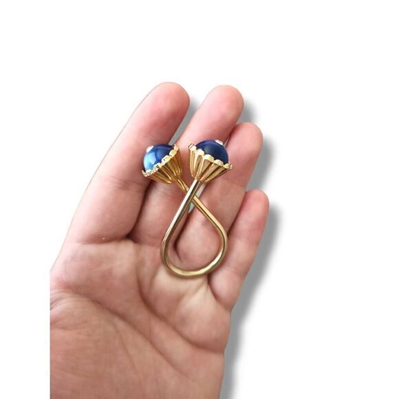 Vintage Women's Gold Toned Blue Pearly‎ Stone Rhinestone Diamond Scarf Brooch - Picture 5 of 6